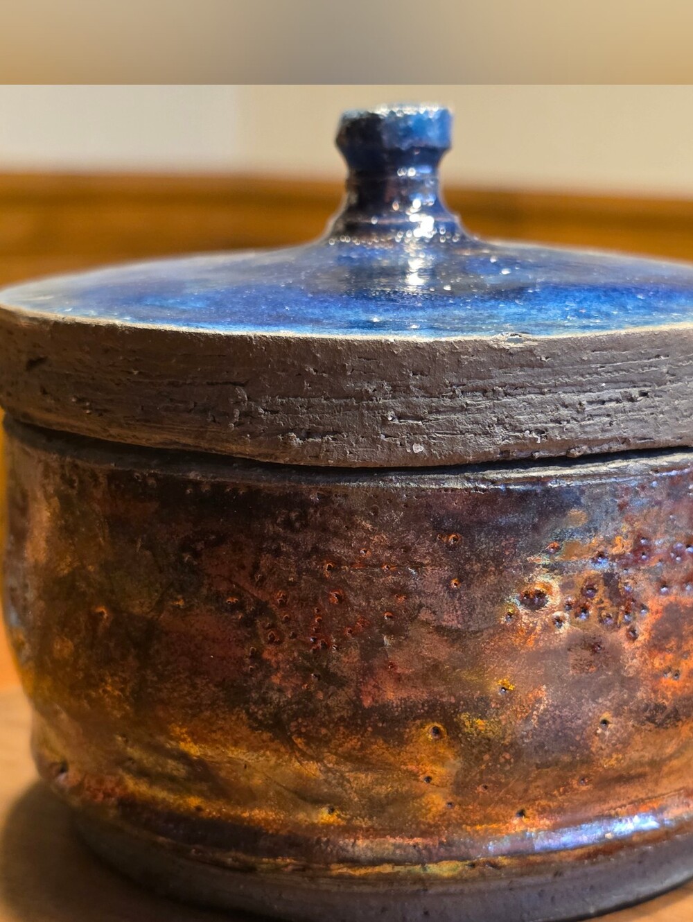 Josh Goering Raku Pottery Lidded Jar Iridescent Copper Blue Signed
